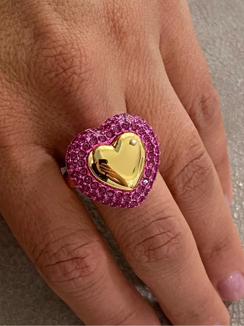 Kurt Geiger Gold Heart Ring with Pink Crystal Pave Size 8